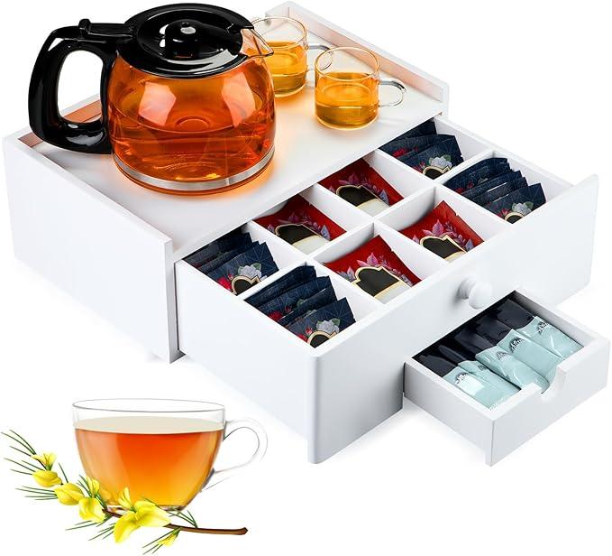 Tea Bag Organizer Wood Tea Organizer Storage Box 8 Compartments Container Holder with Lid to Storage and Keep Fresh(White)