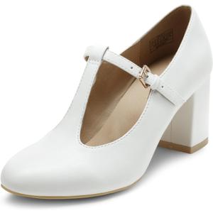 DREAM PAIRS Low Chunky Heels for Women T-Strap Mary Jane Pumps Wedding Dress Shoes (8, White/Pu)