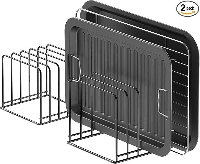 KORRTFID Kitchen Cabinet Organizer, Steel Cookware Holder, Divided Holder with 5 Slots for Skillets Baking Tray and Chopping Board Rack  Baking Pan Holder Storage (2 PCS)