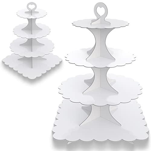Humlindo 4-Tier Round & Square Cupcake Stand, 2-Pack White - Sturdy Disposable Cardboard for Parties, Weddings, Baking Display
