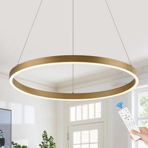 Benkut Modern LED Ring Chandelier Gold Circular Pendant Light Fixture Dimmable Round Hanging Light with Remote LED Chandelier for Dining Room Kitchen Island Living Room, D23.6in
