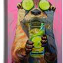 ISXGDWFH Dopamine Animal Otter Drinking Cocktail Minimalist Art Animal Lover Preppy Dorm Decor Fashion Poster Canvas Wall Art Print Bedroom Living Room Bathroom Weird Animal Art (16x24inch Framed, A03)