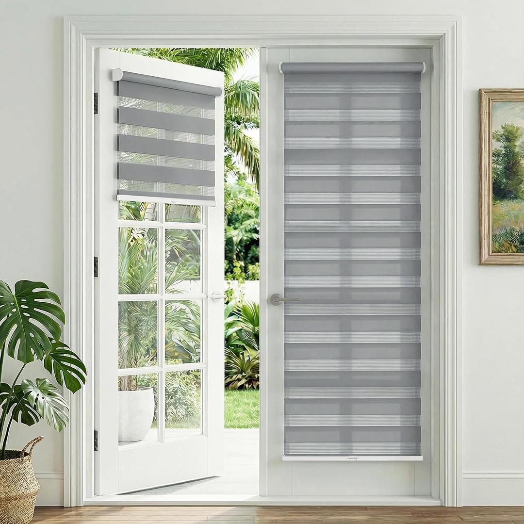 No Drill Zebra Blinds for French Door, 28 5/8" W x 72" L, Grey | Cordless Blinds for Door with 28" Covering Width, Small Gap Design Light Filtering Sheer Shades for Indoor Windows, 1 Panel