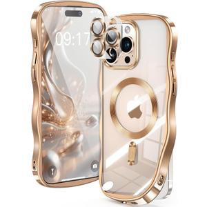 [CD Ring & Curly Wave Edge] for iPhone 15 Pro Case, 2025 Upgraded [Full Camera Protection] [Compatible with MagSafe] Plating Soft Non-Yellowing Clear Case for 15 Pro 6.1 " Men Women ,Titanium Gold