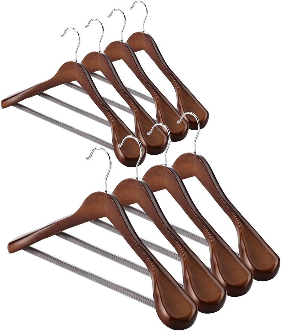AMKUFO Wide Shoulder Wooden Hangers 8 Pack Coat Hanger with Non Slip Pants Bar, Heavy Duty Suit Hanger Wood Clothes Hangers with Smooth Finish 360 Swivel Hook for Sweater Jackets Shirts Walnut