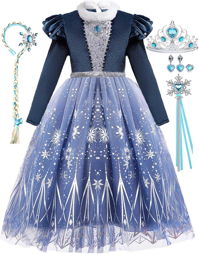 iTVTi Girls Princess Elsa Dress up Costume Snow Queen Halloween Christmas Cosplay Party Toddler Dress Blue, 5-6 Years