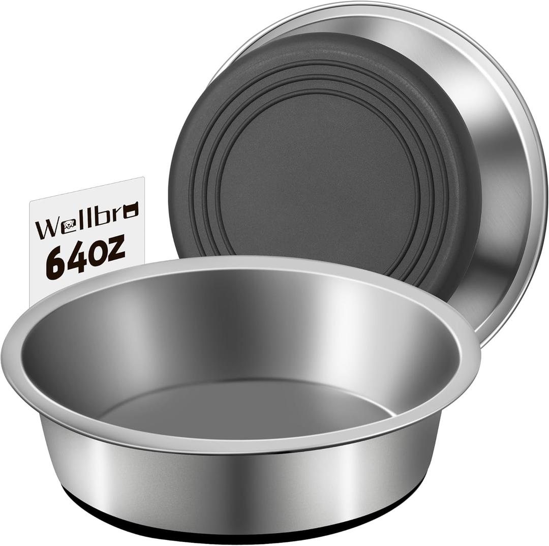 Stainless Steel Dog Bowls, Non Slip Dog Metal Bowls, 2 Pack Food and Water Pet Feeders Heavy Duty Dishwasher Safe (64oz, 8cup)