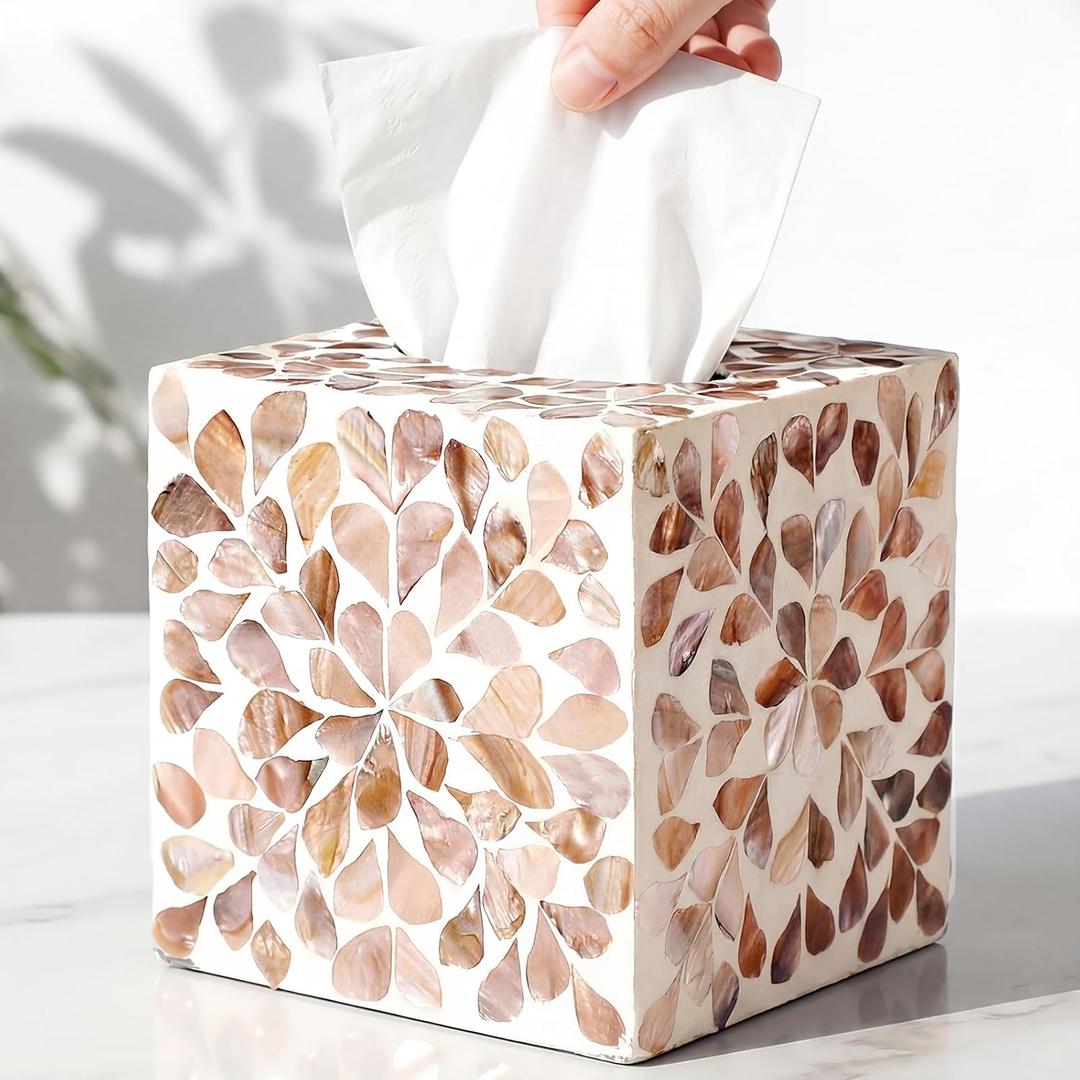 Reallnaive 5.9 Inch Cube Mother of Pearl Tissue Box Cover Ceramic Decorative Tissue Box Holder, Square Napkin Holder Rustic Napkin Dispenser Organizer for Table Bathroom Office(Brown Floral)