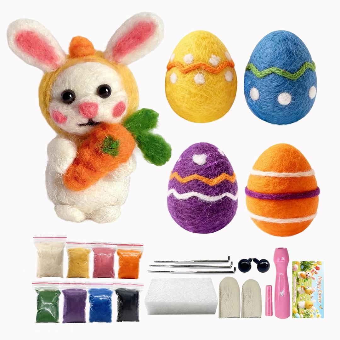 QVAIVE Needle Felting Kit,18Pcs Easter Bunny Egg Needle Felt Beginner Kits with Complete Adult Tools-Wool,Felting Needles,Felting Pad Instruction for Spring Home Decoration and Art Handicrafts
