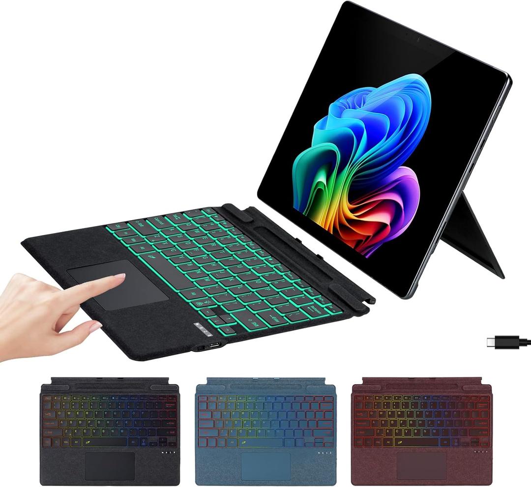 Keyboard for Surface Pro 11/10/9/8/X, Wireless Keyboard Type Cover with Palm Rejection Touchpad, Microfiber Leather, Pen Holder, Type-C Charging, 7-Color Backlight for Microsoft Surface Pro
