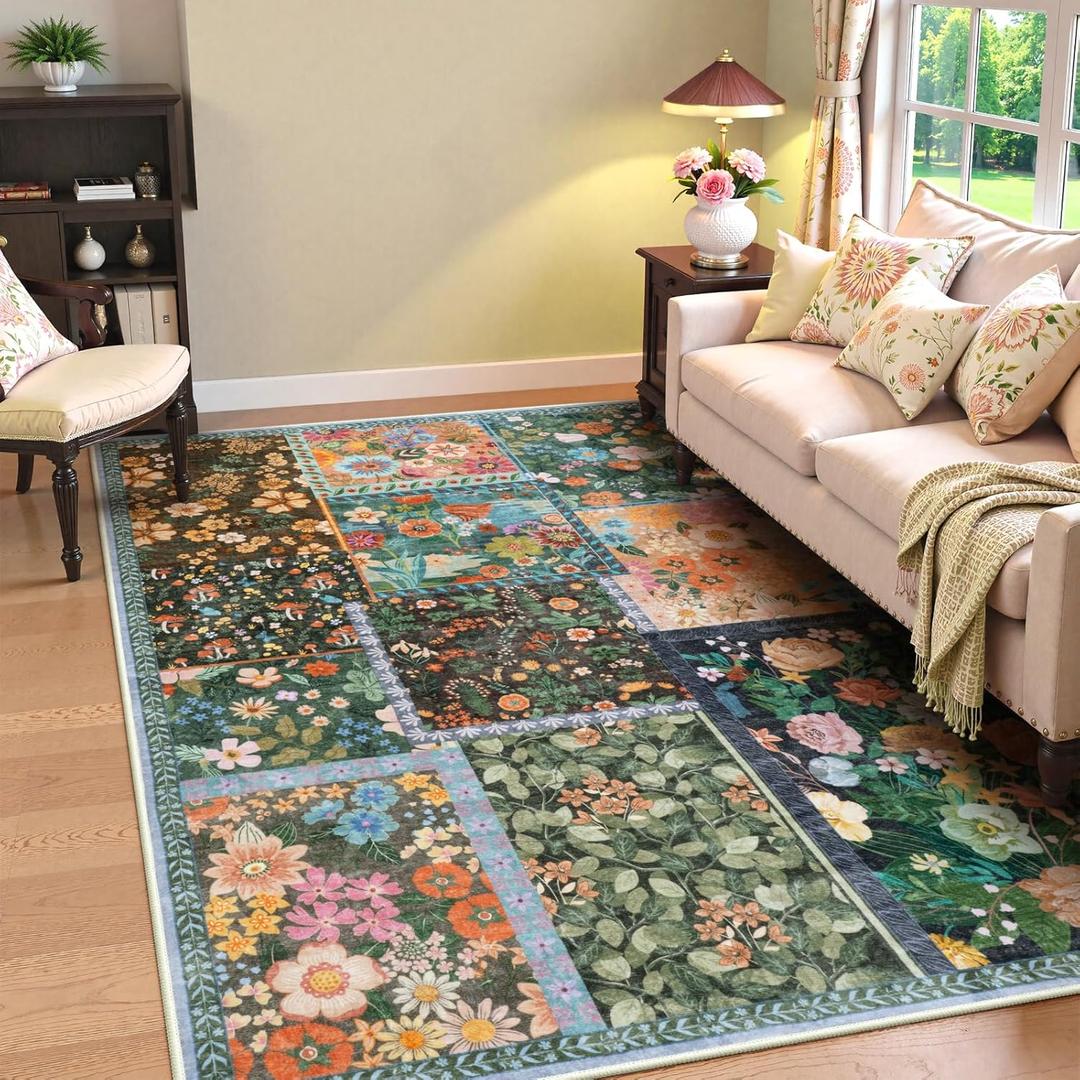LIVEBOX 5x7 Washable Rug for Living Room, Soft Patchwork Dark Brown Rugs for Bedroom, Non Slip Ultra Thin Rug Botanical Stain Resistant Floor Carpet for Dining Room Home Office (Colorful)