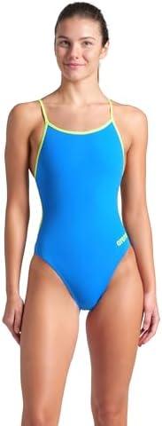 ARENA Performance Women's Team Solid Lace Back Swimsuit One Piece Bathing Suit, 40 F,  Blue River/Arctic Lime