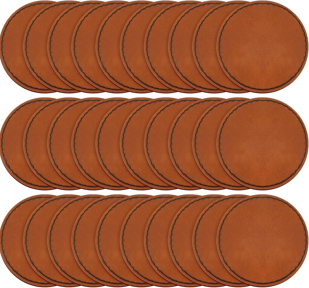 Dunzy 30 Pcs Blank Leather Hat Patches with Adhesive 2.5 Inch Round Laserable Leatherette Patch Faux Leather Patches Sewing Laser Engraving Supplies for Hats Jackets Backpacks(Brown)