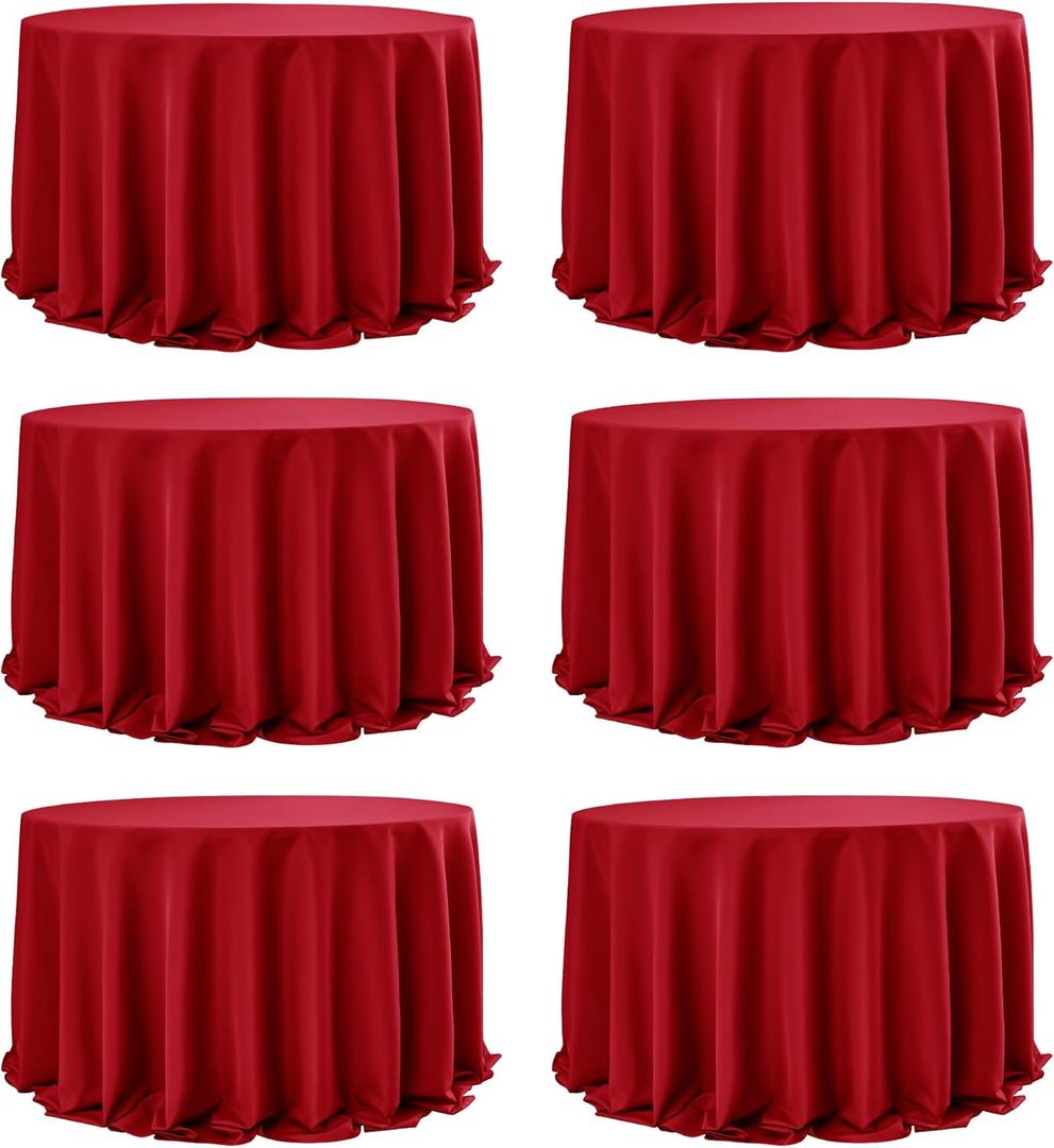 6-Pack Red Round Tablecloths, 132 Inches, Stain-Resistant Polyester for 6-8 Ft Round Tables - Washable Table Covers for Weddings, Banquets, Birthday Parties, Events