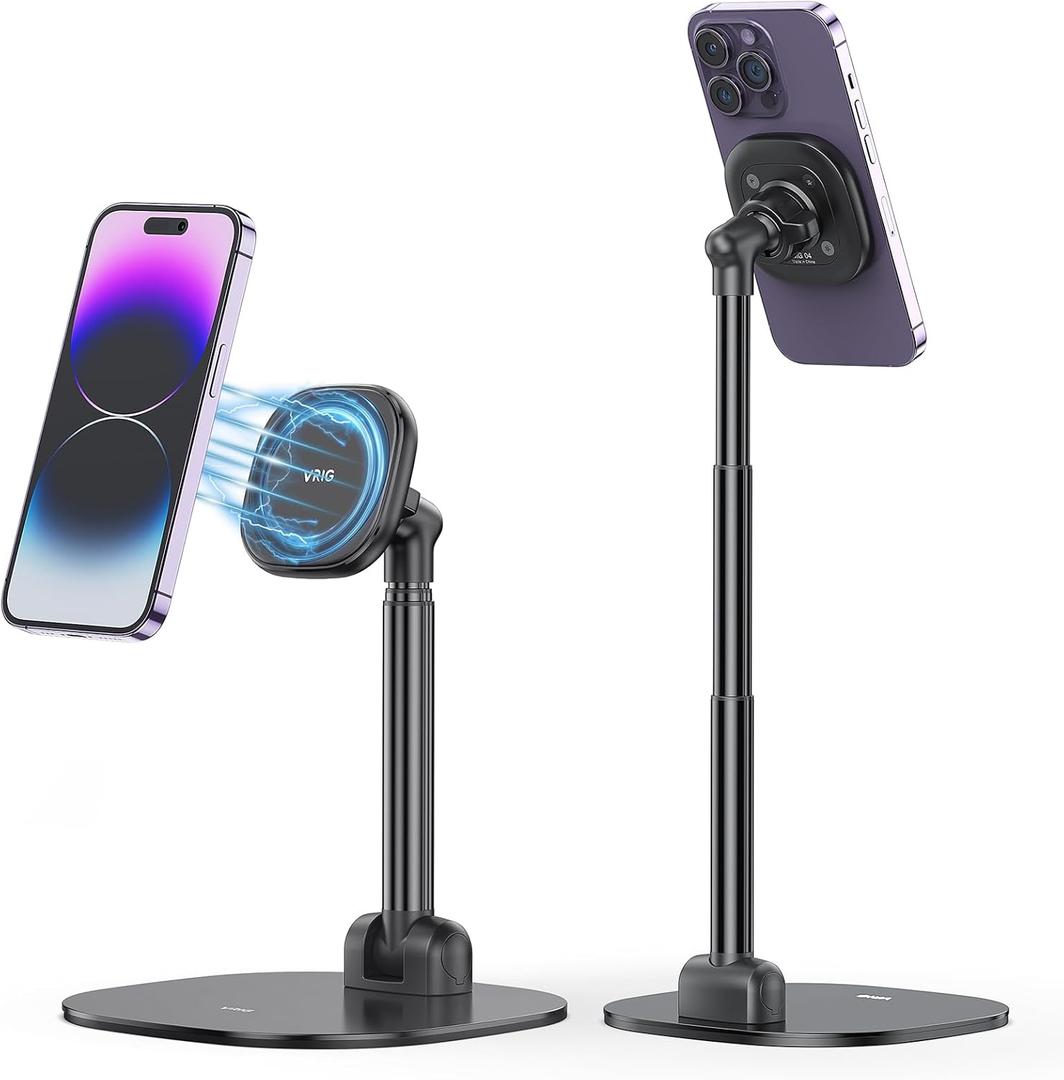 VRIG Magnetic Desk Phone Stand for Office/Home, 360Rotation Phone Holder with Magnetic Ring Height&Tilt, Adjustable Cell Phone Stand for iPhone 16 15 14 13 12 and More/Android (No wireless charging)