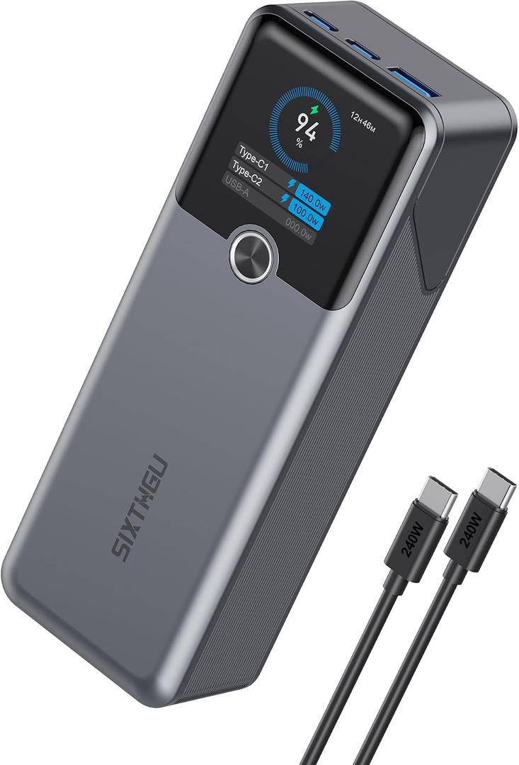 SIXTHGU Laptop Power Bank, 3-Port 20,000mAh Portable Charger with 200W Max Output, PD 3.1 Fast Charging, Flight-Approved for Travel, PowerTower, for MacBook, iPhone 17/16 Series, and More(Grey)