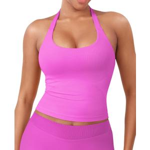 YEOREO SoftHue Women's Impact Halter Tank Top Longline Backless Scoop Neck Built-in Bra Sports Workout Gym Crop Top (Pink, L)