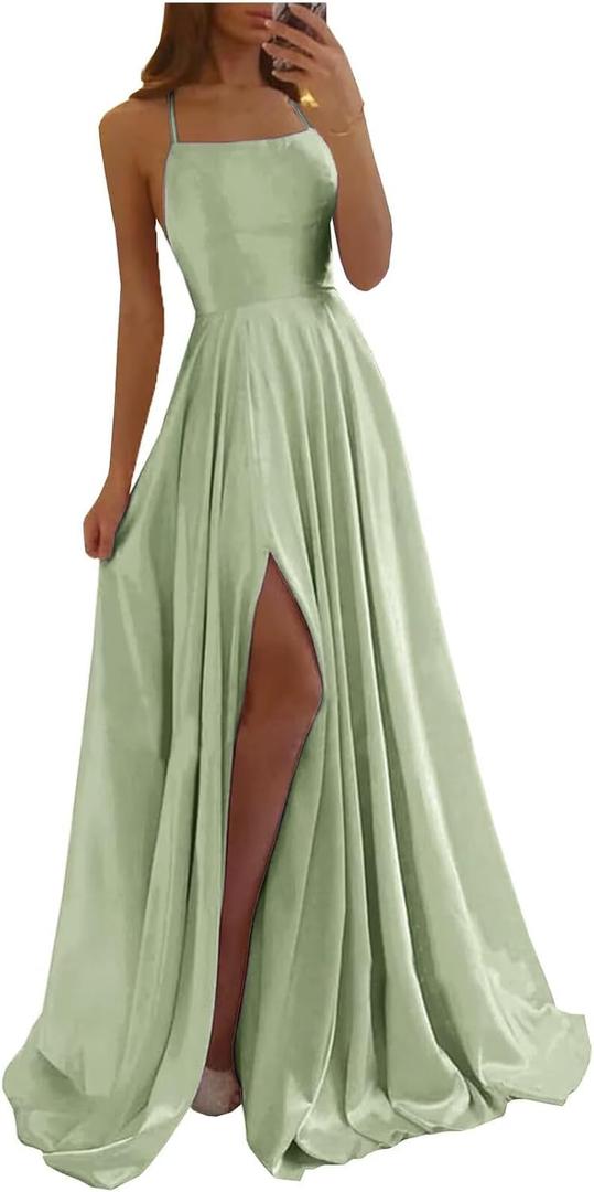 MisShow Women's Spaghetti Straps Prom Dresses with Slit Satin Bridesmaid Dress Long Evening Formal Party Gown