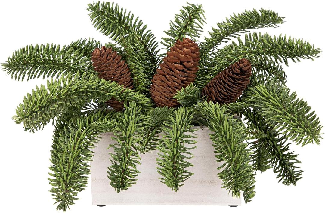 DILATATA Christmas Centerpieces 8 Inch Artificial Christmas Plant in Rectangular Wooden Pot Tabletop Pine Plants with Pine Cones for Winter Holiday Party Fireplace Mantel Xmas Decor (Style 6)