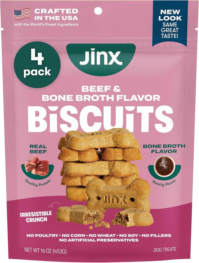 Jinx Oven-Baked Beef Bone Broth Biscuit Treats, Crunchy, All Natural, Superfood-Rich with Real Beef, Pumpkin & Blueberries, 16oz, 4 Pack (EXP 10/13/27)