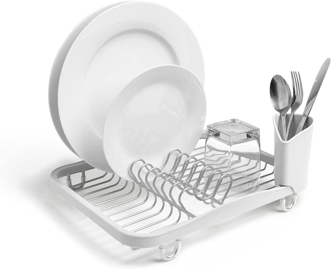 Umbra Sinkin Dish Drying Rack Drainer Caddy with Removable Cutlery Holder Use in Sink or On Counter, Standard, White/Nickel