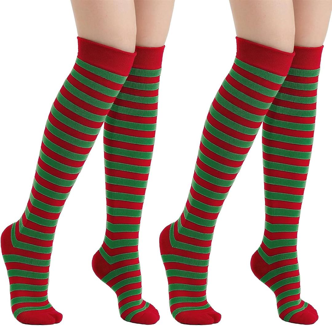 Wildarms Halloween Striped Thigh High Socks 2 Pairs - 3 Colors Over Knee Socks for Christmas Cosplay Costume Accessorie (Green)