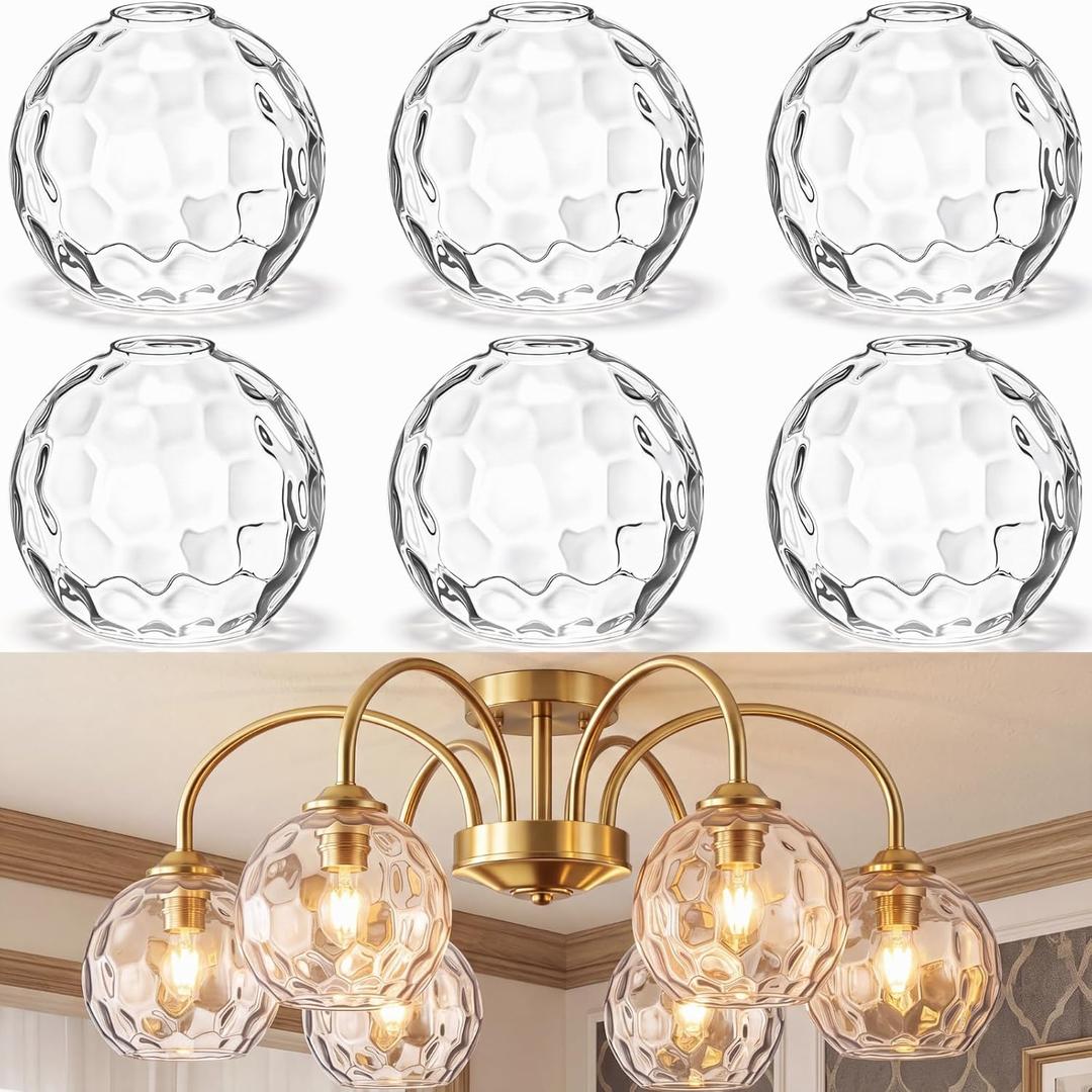 Gerrii 6 Pack Clear Hammered Glass Lamp Shades Replacement, 1.57" Fitter Globes for Light Fixtures, Lampshades for Ceiling Fan Pendant Light Chandelier Wall Sconces, 5.9" Diameter 5.1" Height, 5.9 x 5.1 x 1.6 inch