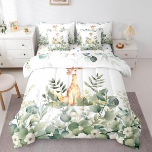 Erosebridal Cartoon Giraffe Twin Comforter Set 7 Pieces Woodland Wildlife Bedding Comforter Sets, Spring Bed in a Bag Eucalyptus Leaf Bedding Set, Jungle Animal Theme Bed Sheets Set Kids Room Decor