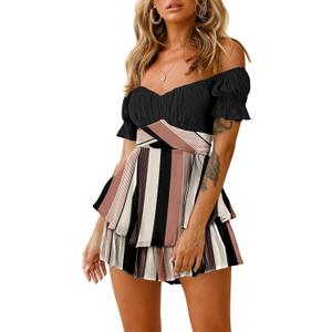 Fixmatti Women's Color Block Romper Off The Shoulder Short Sleeve Ruffle Jumpsuits Playsuit. Size XL.