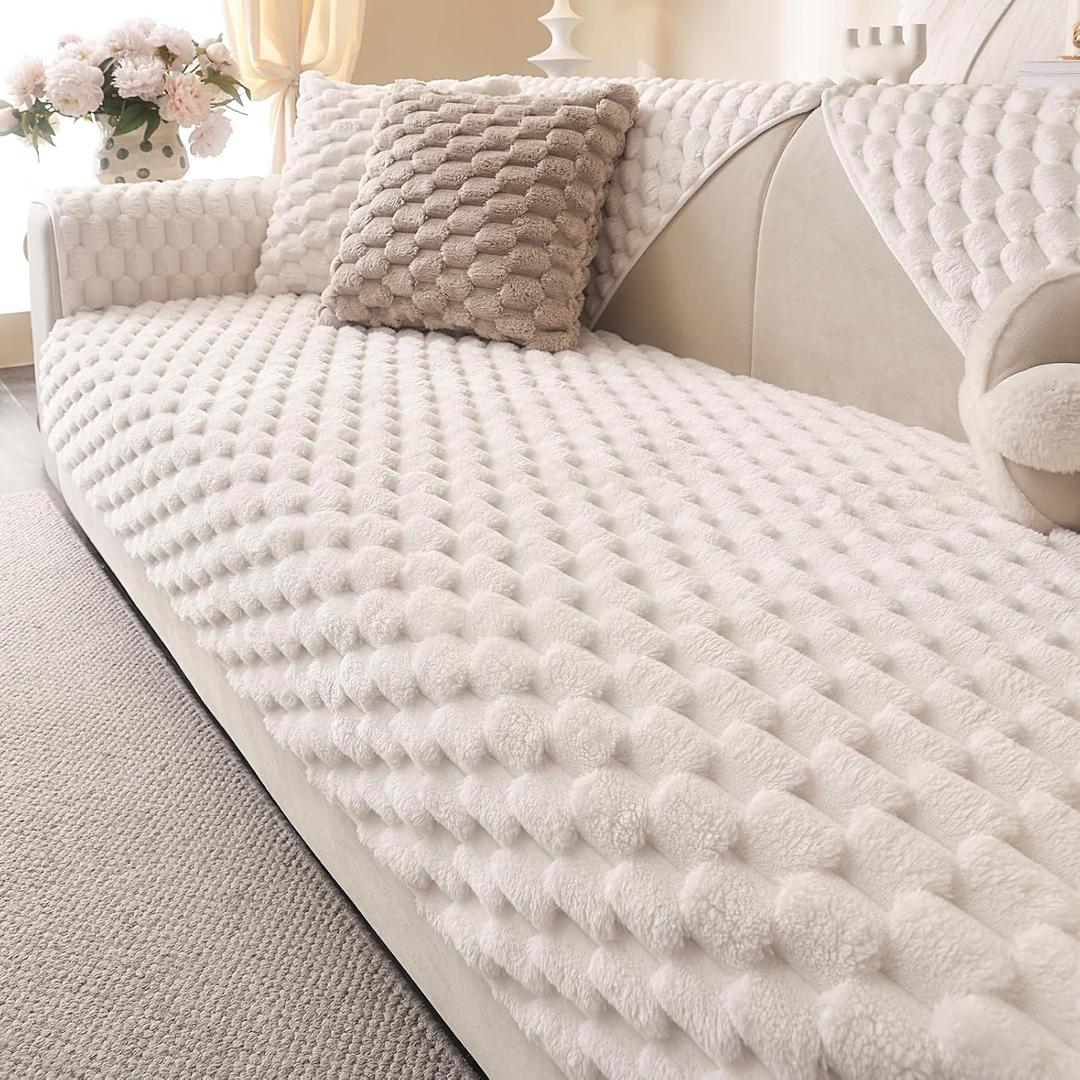 Soft Plush Faux Fur Couch Cover, Fluffy Non Slip Sectional Sofa Covers for 3 Cushion Couch, Furniture Protector Sofa Slipcover(1 PCS 36"x94" White)