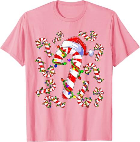 Red and White Christmas Candy Cane Santa Lights Christmas T-Shirt, Medium