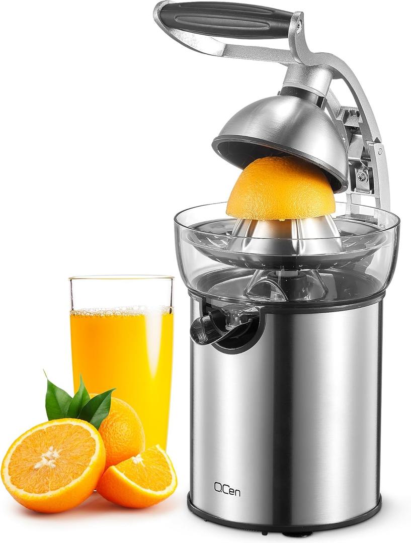 QCen Electric Citrus Juicer Squeezer, Electric Juicer for Orange, Lemon and Limes with Rubber Handle and Two Size Cones, Anti-Drip Spout, Easy to Clean and Use, BPA Free, Black/ Stainless Steel