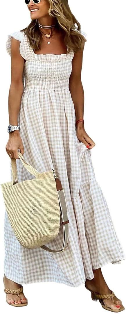 chouyatou Women's Retro Plaid Smocked Dress Spaghetti Strap Flounce Long Dress (Khaki)
