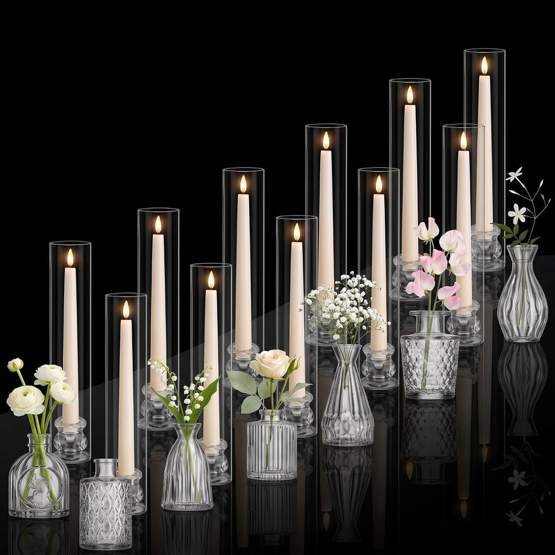 Teenyyou 12 Set Hurricane Glass Candle Holders and 12 Set Glass Bud Vases