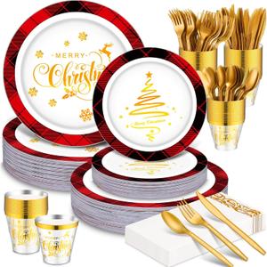 Layhit 175 Pcs Christmas Plastic Plates Set Disposable Christmas Plastic Dinnerware for 25 Guests Disposable Xmas Plates Napkins Cups Silverware for Holiday Party Supplies(Black Red)