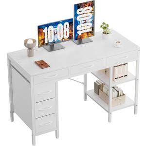 Sweetcrispy 47" Computer Desk with 6 Drawers, Home Office Gaming Desks with Storage Shelves for Bedroom, Writing Study Corner Living Room Work Table White