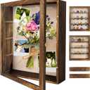 Shadow Box Frame 11x14, Deep Shadow Box Display Case with Linen Back and Removable Shelves, Wooden Memory Box for Wedding Bouquet, Photos, Medals, Keepsakes (Brown)
