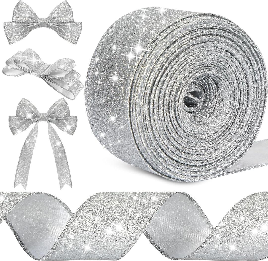 Syhood 20 Yard Glitter Ribbon Wired Edge Waterproof Sparkly Garland for Gifts Wrapping Cards Crafts Wreaths Holiday Christmas Decoration(Silver,1.5 Inch X 20 Yard)