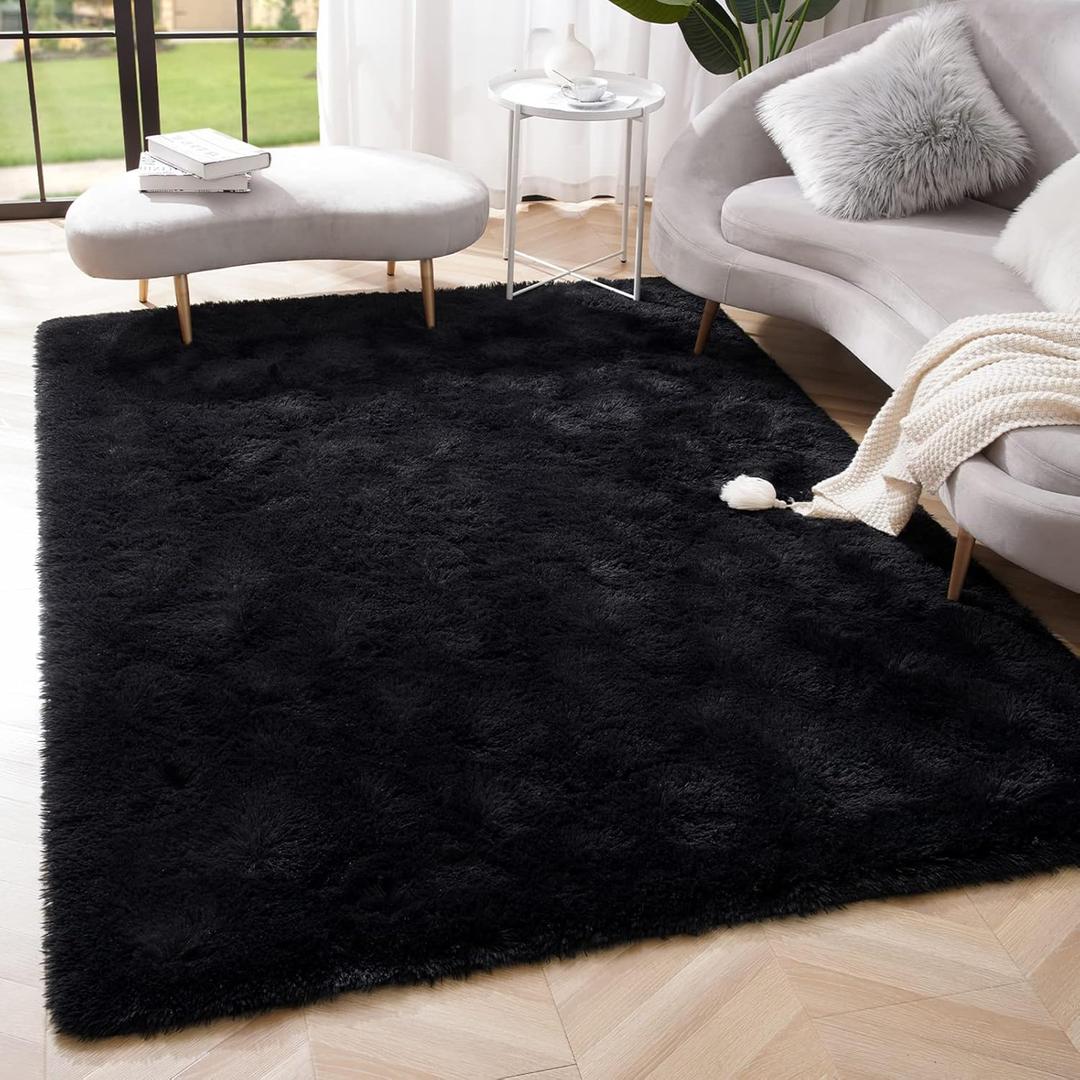 Amearea Premium Soft Area Rug 4x5.3 Feet, Black Rugs for Living Room, Fluffy Carpet for Bedroom Nursery Playroom Teen Home Decor, Comfortable Indoor Furry Dorm Carpets, Black