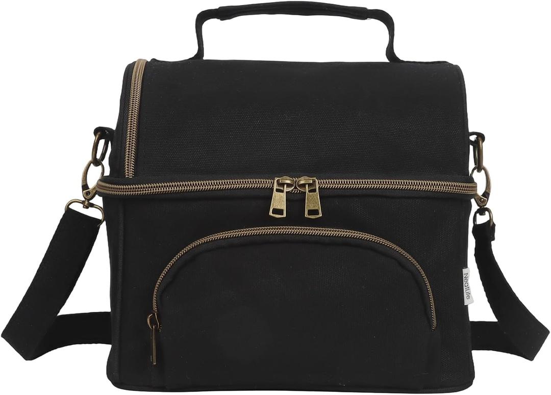 Waxed Canvas Lunch Cooler Bag for Men, Insulated Lunch Box with Two Compartment, Small Soft Cooler Lunch Bags with 2 Ice-Packs, 10.5L Leakproof Lunchbox for Work, Camping, Beach and Road Trips (Black)