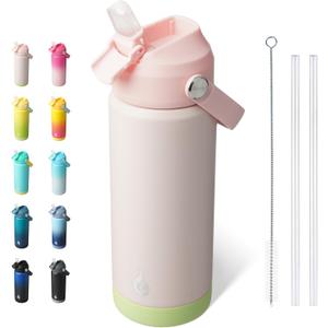 BJPKPK Insulated Water Bottle with Straw Lid, 18oz Thermos Water Bottles, Flex Handle & Non-slip Boot, BPA Free Leak Proof Stainless Steel Metal Thermos, Tumblers, Cups, Pearl Pink