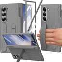 YQODSZ for Samsung Galaxy Z Fold 6 Case with Finger Strap, S Pen Holder & Stylus, Z Fold 6 Kickstand Case with Hand Strap, Hinge Protection, Screen Protector, Grey