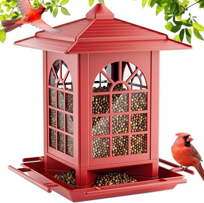 Birdream Bird Feeders for Outdoor Hanging, Assembly Required, 1-Min Easy Setup, Classic Courtyard Design, Attracting Cardinals Chickadees Goldfinches & Sparrows - Red