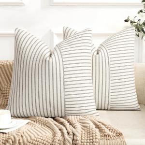 YCOLL Farmhouse Pillow Covers 24x24, Modern Accent Square Throw Pillow Covers Set of 2, Gray and Beige Striped Patchwork Linen Decorative Pillows Cushion Covers for Couch Chair Bedroom Home Decor
