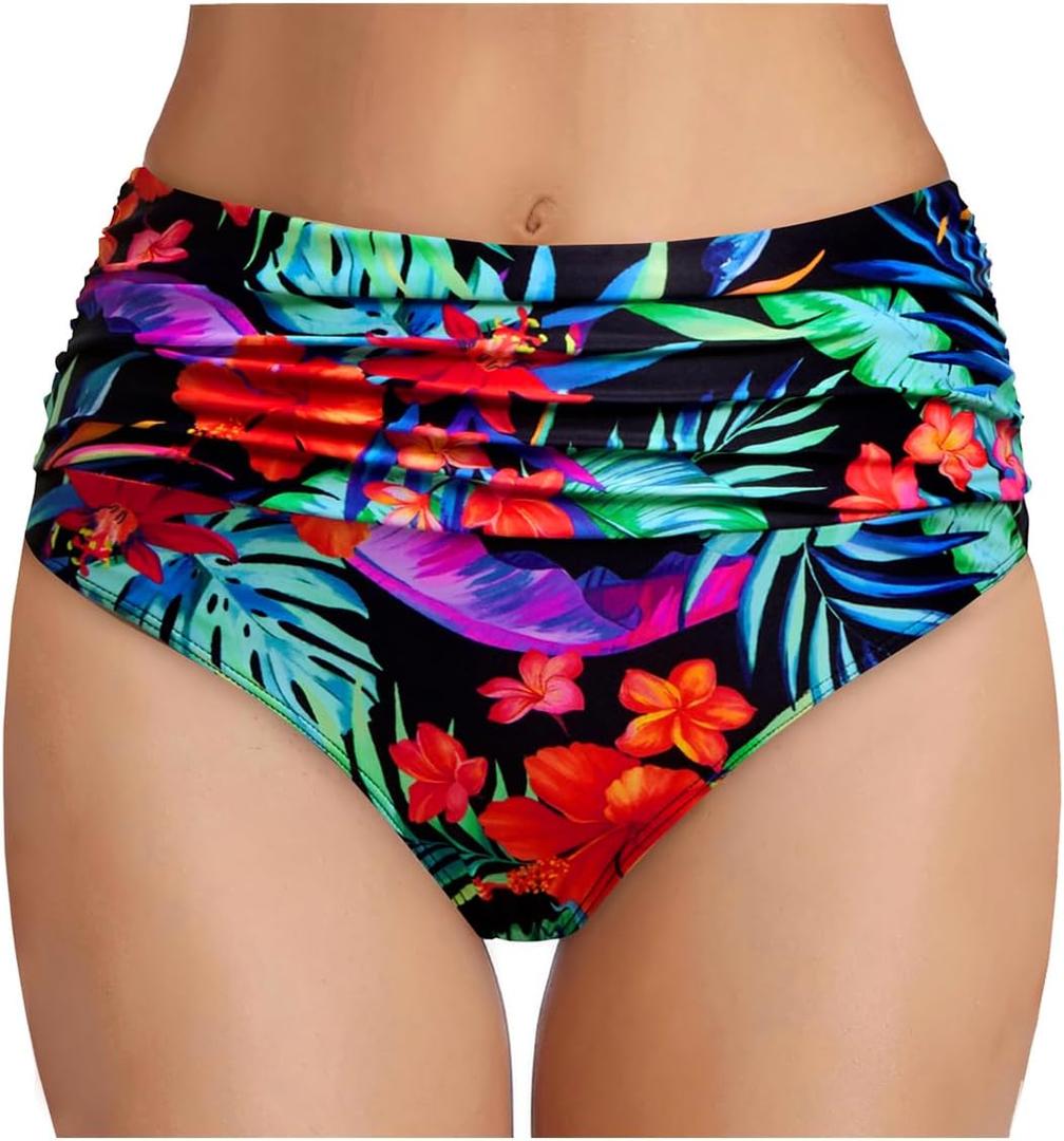 Tempt Me Women's High Waisted Bikini Bottom Tummy Control Ruched Bathing Suit Swim Bottom, Size M (Red Flower)