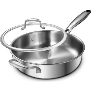 EWFEN 12 Inch Tri-Ply Stainless Steel Frying Pan, Compatible with All Cooktops Up to 600, Large Frying Pan with lids, Induction-Ready Skillet, Dishwasher and Oven Safe, Even Heat, 12" Pan+Handle+Lid