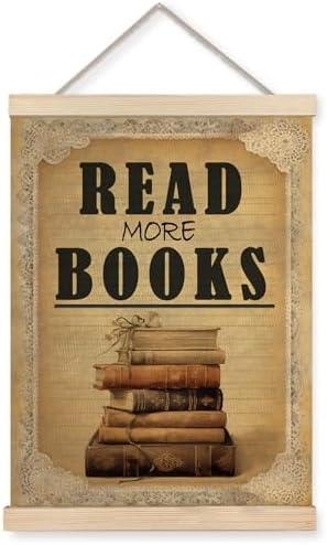 XUNLURY Read More Books Poster Hanger Frame, Reading Nook Corner Decor Canvas Wall Art, Vintage Book Bookish Wall Decor for Library Home Classroom Reading Room, 12x16 Inch