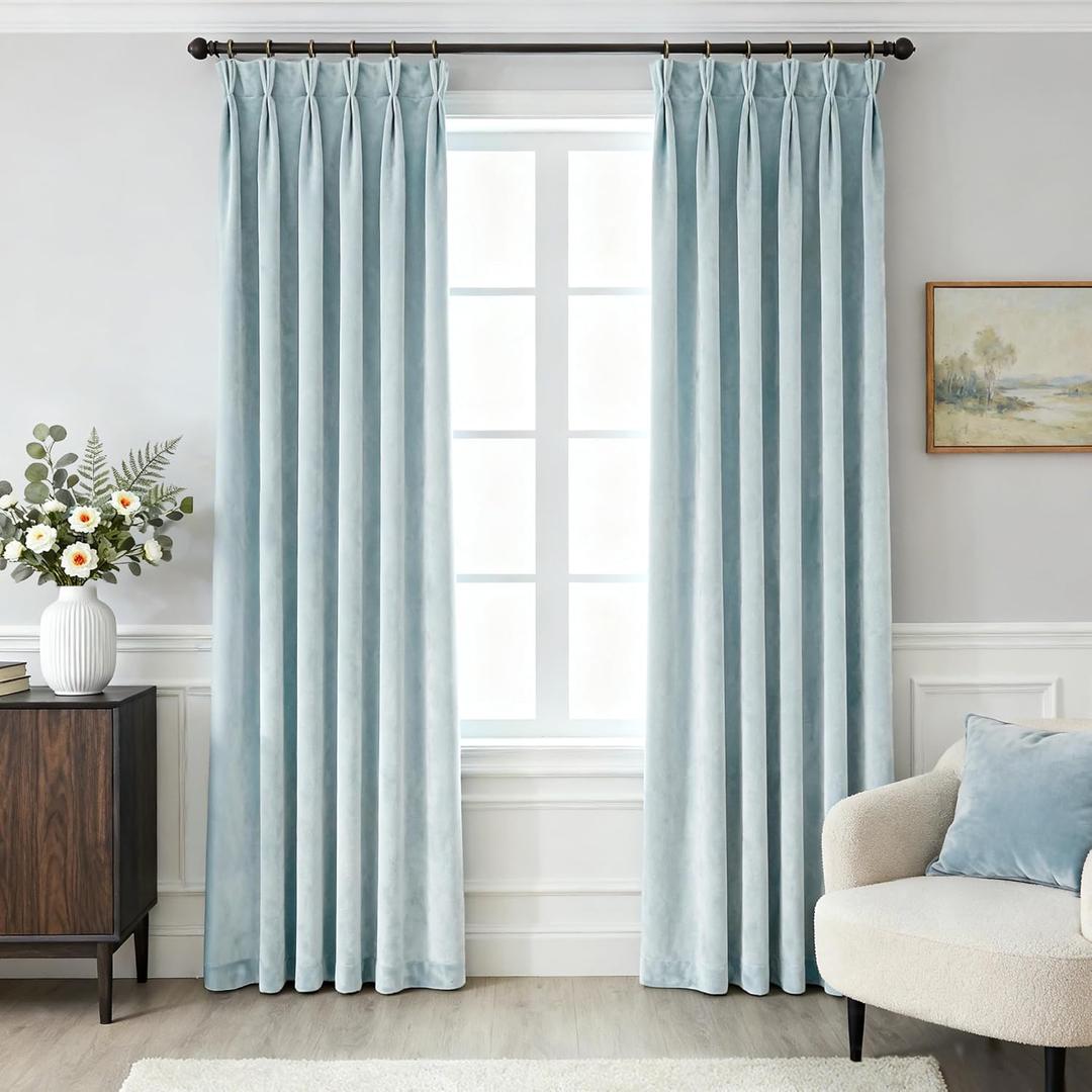 Pinch Pleat Light Blue Velvet Curtains 90 inch Length 2 Panel Set for Living Room Modern Elegant Plush Velvet Luxury Fabric Room Darkening Pleated Window Drapes Insulated Bedroom Curtain Dusty Blue