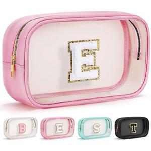 YOOLIFE Initial Make Up Bag Travel Toiletry Bag, Clear Makeup Bag Preppy Cosmetic Bags Organizer Travel Essentials Pink Gifts for Women Teen Girlfriend Teacher Mom Birthday Mothers Day Gifts E