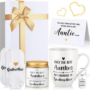 6 Pcs Godmother Proposal Gift Will You Be My Godmother Gift Box Set for God Mother Auntie Includes Mug Scented Candle Socks Keychains Cards Box from Godchild Baptism Mother's Day(Auntie)